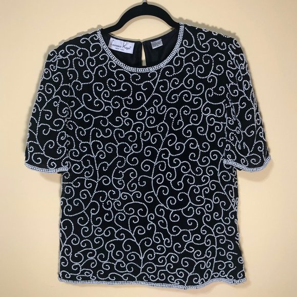 Vintage Laurence Kazar Swirl Pearl Beaded Silk Top - Picture 1 of 11